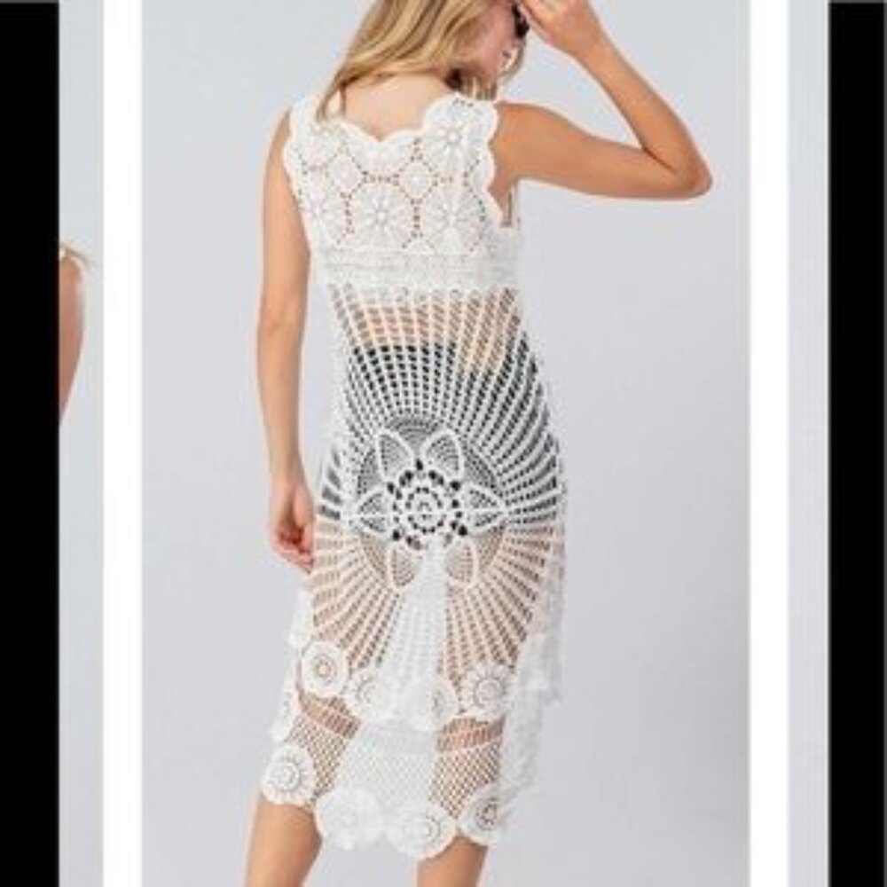 ADORA Ivory Crochet Tunic Cover-Up Caftan Beach Aloha S/M